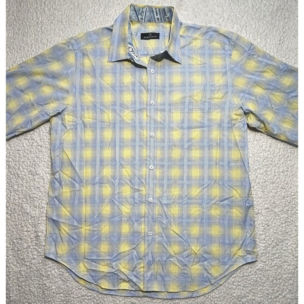 Bugatchi Uomo Men's XL Shirt Plaid Yellow Blue 100% Cotton Paisley Accent Collar